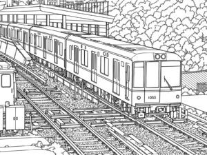 Free printable 1000 Series train running through the depot coloring page