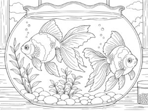 金魚ばちの金魚の無料塗り絵イラスト（知育・高齢者レク用）
