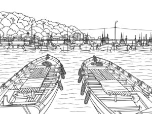 Free printable Rowboat in a port coloring page