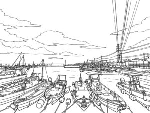Free printable Small fishing boats lined up at the port coloring page