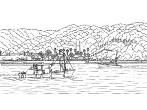 Free printable Fishing boat leaving port coloring page
