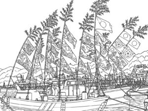 Free printable Fishing boat hoisting a big-catch flag coloring page