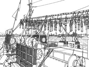 Free printable Squid fishing boat fish-attracting lights coloring page