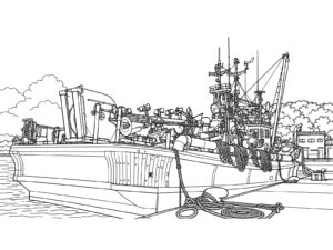 Free printable Fishing boat equipped with a net winch coloring page