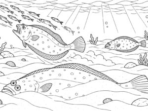 ヒラメ（鮃）の無料塗り絵イラスト（知育・高齢者レク用）
