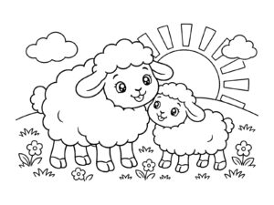 ひつじの親子と初日の出の無料塗り絵イラスト（知育・高齢者レク用）