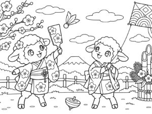 晴れ着のひつじのお正月あそびの無料塗り絵イラスト（知育・高齢者レク用）