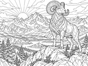 岩山のオオツノヒツジの無料塗り絵イラスト（知育・高齢者レク用）