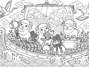 宝船に乗ったひつじの無料塗り絵イラスト（知育・高齢者レク用）