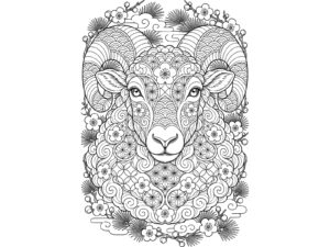 和もようのひつじ（大人の塗り絵）の無料塗り絵イラスト（知育・高齢者レク用）