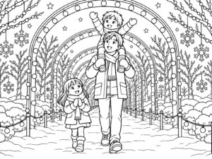光のトンネルを歩く家族の無料塗り絵イラスト（知育・高齢者レク用）