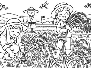 Free printable Everyone harvesting rice coloring page