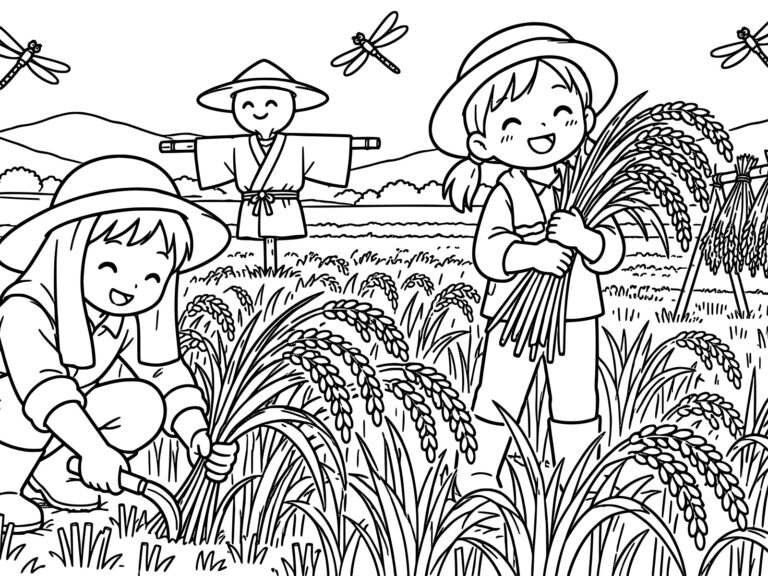 Free printable Rice harvesting coloring page