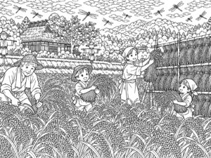 Free printable Rice Harvesting in Satoyama (Detailed) coloring page
