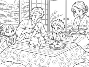 家族で鏡開きの無料塗り絵イラスト（知育・高齢者レク用）