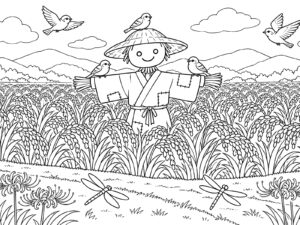 田んぼのかかしの無料塗り絵イラスト（知育・高齢者レク用）