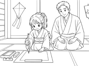書き初めをする女の子の無料塗り絵イラスト（知育・高齢者レク用）