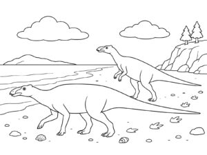 海べを歩くカムイサウルスの無料塗り絵イラスト（知育・高齢者レク用）