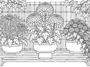 菊花展の鉢植えの無料塗り絵イラスト（知育・高齢者レク用）