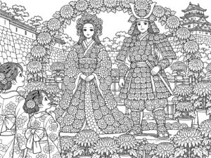菊人形と菊まつりの無料塗り絵イラスト（知育・高齢者レク用）