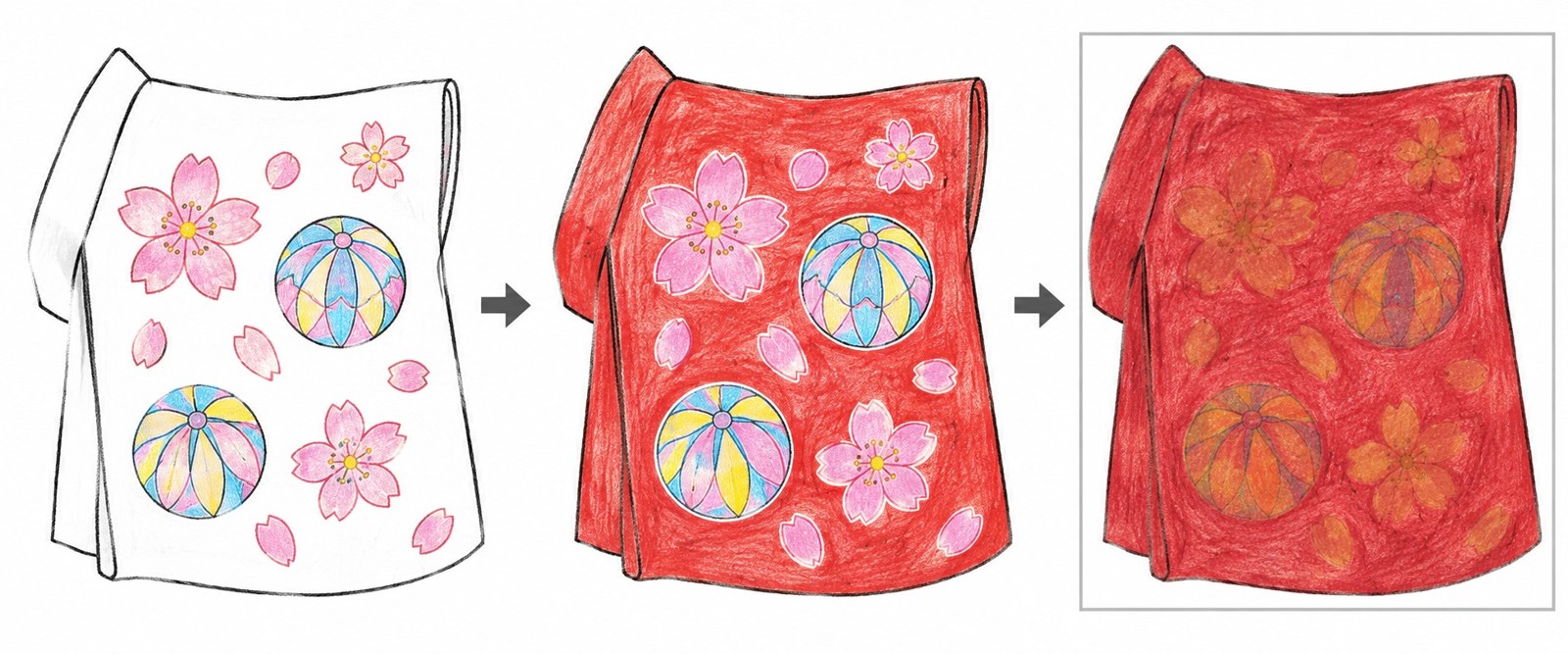 着物の柄を先に塗った絵、柄をよけて地の色を塗った絵、全体を赤で塗ってから柄を重ねた失敗例