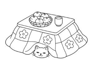 みかんとこたつとねこの無料塗り絵イラスト（知育・高齢者レク用）