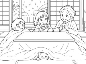 雪の日のこたつの無料塗り絵イラスト（知育・高齢者レク用）