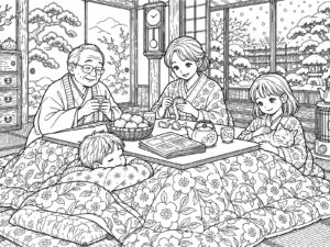 こたつの無料塗り絵イラスト（知育・高齢者レク用）