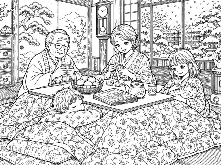 こたつの無料塗り絵イラスト（知育・高齢者レク用）