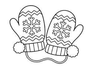雪の結晶もようのミトンの無料塗り絵イラスト（知育・高齢者レク用）