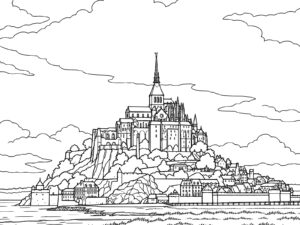 Free printable Mont-Saint-Michel floating in the sea coloring page