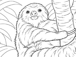 木にだきつくナマケモノの無料塗り絵イラスト（知育・高齢者レク用）