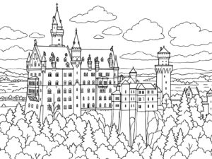Free printable Autumn Forest and Neuschwanstein Castle coloring page