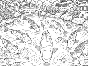 日本庭園の池の無料塗り絵イラスト（知育・高齢者レク用）
