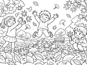 落ち葉あそびの無料塗り絵イラスト（知育・高齢者レク用）