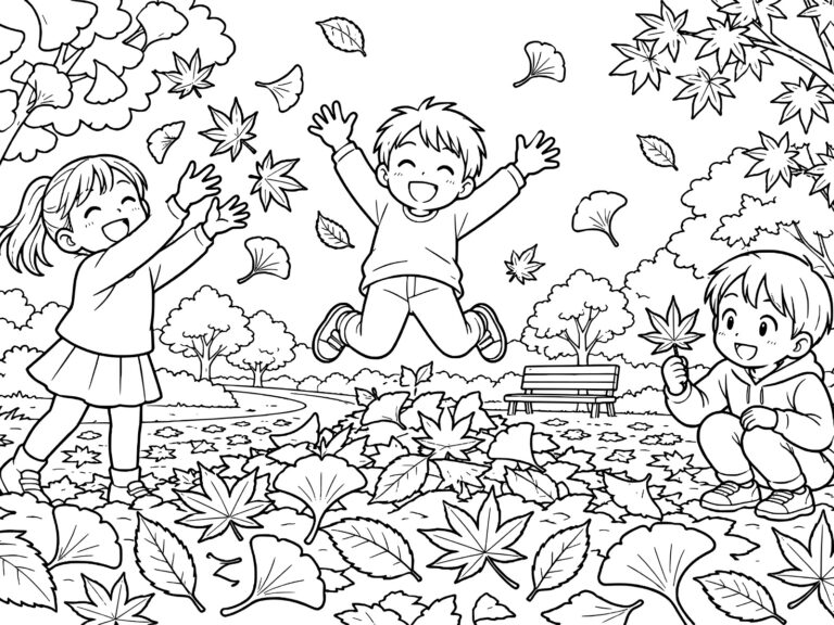 Free printable Playing with fallen leaves coloring page