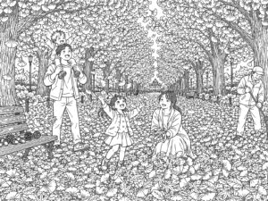 Free printable Playing with fallen leaves on an ginkgo avenue (Detailed) coloring page