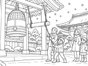 除夜の鐘の無料塗り絵イラスト（知育・高齢者レク用）