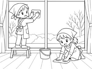 窓ふきのお手つだいの無料塗り絵イラスト（知育・高齢者レク用）