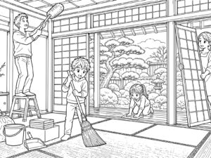 大掃除の無料塗り絵イラスト（知育・高齢者レク用）