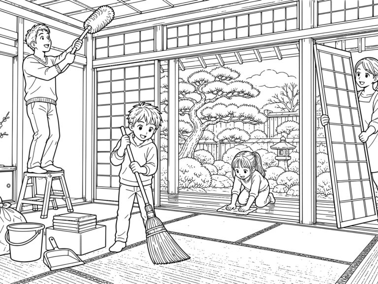 大掃除の無料塗り絵イラスト（知育・高齢者レク用）