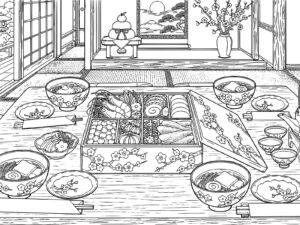 おせち料理の無料塗り絵イラスト（知育・高齢者レク用）