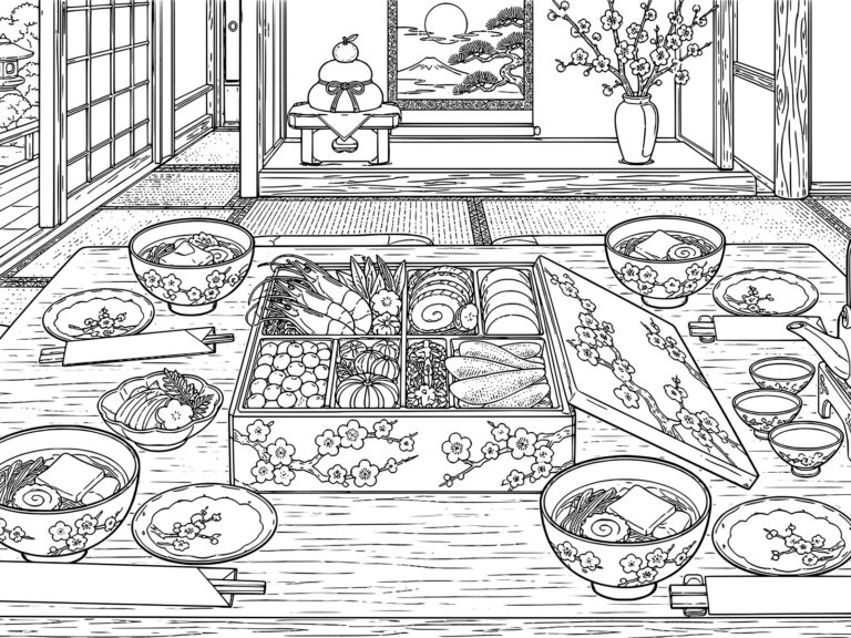 おせち料理の無料塗り絵イラスト（知育・高齢者レク用）