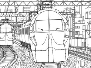 Free printable Two Rapi:t trains running side by side coloring page