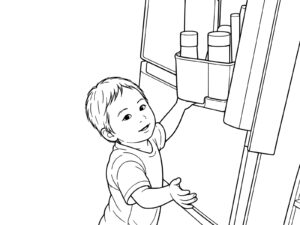 Free printable Boy opening the refrigerator coloring page