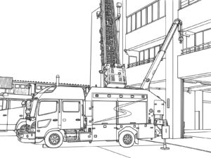 消防署でクレーンの点検の無料塗り絵イラスト（知育・高齢者レク用）