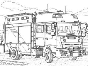 芝生のそばの救助工作車の無料塗り絵イラスト（知育・高齢者レク用）