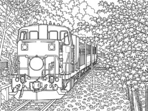 Free printable Sightseeing train running alongside autumn maple trees coloring page
