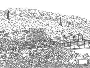 Free printable Autumn mountains and a open-air train crossing an iron bridge coloring page