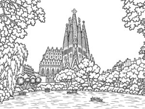 Free printable Sagrada Família seen across the pond coloring page